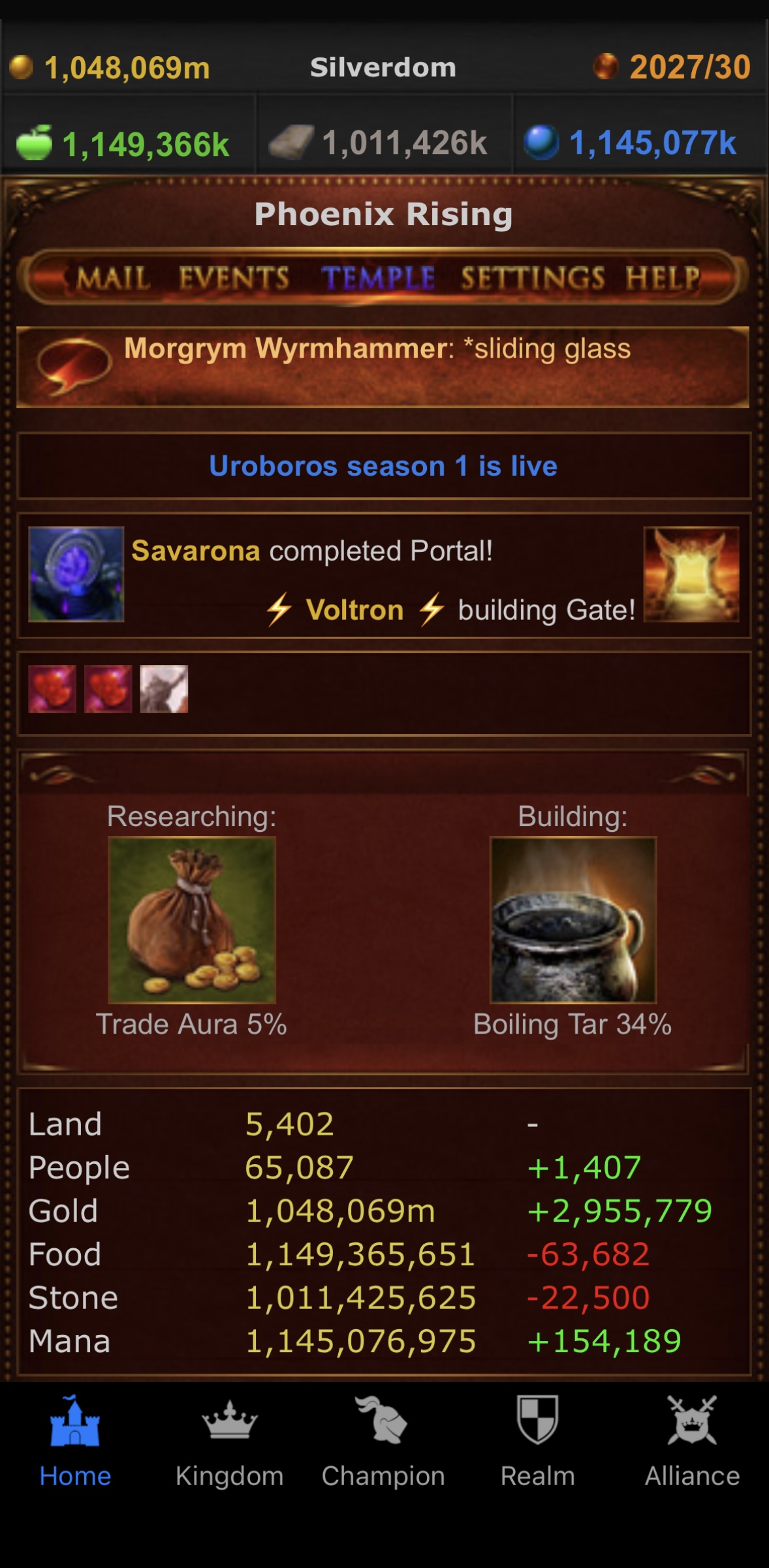 Home screen shows world chat and various kingdom stats