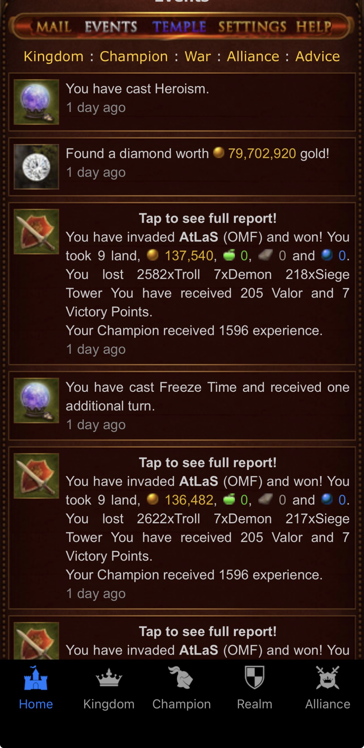 Events screen showing some of the things that can happen as part of a player's day